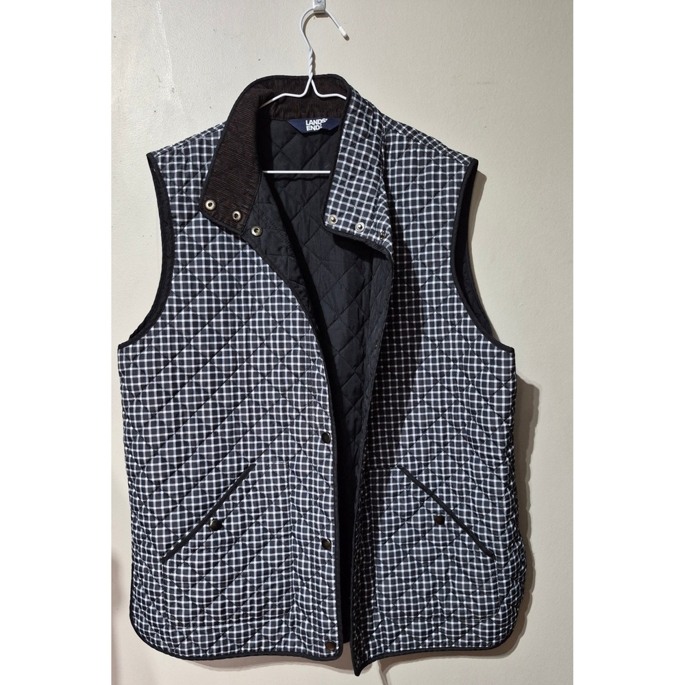 Lands End Quilted Gingham Vest Black White PrimaLoft Corduroy Trim Womens XL 18